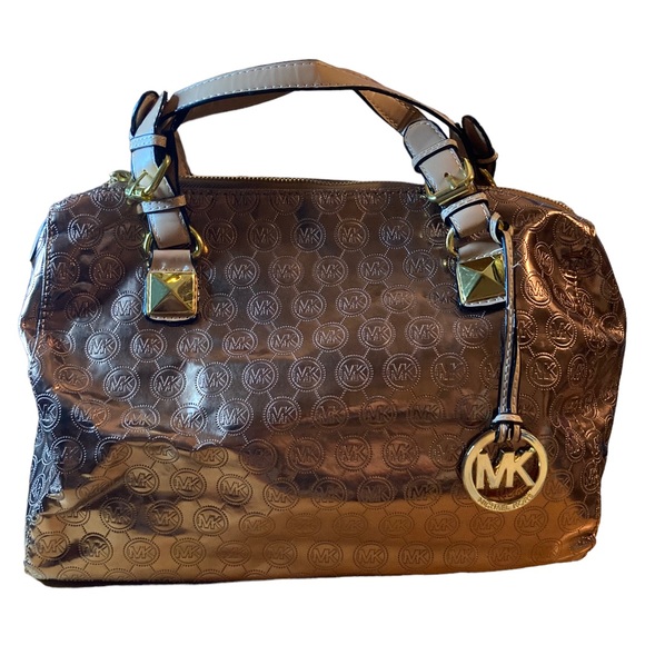 Michael Kors MK Monogrammed Shiny Gold Metallic Large Duffel Tote Purse Bag - Picture 3 of 14